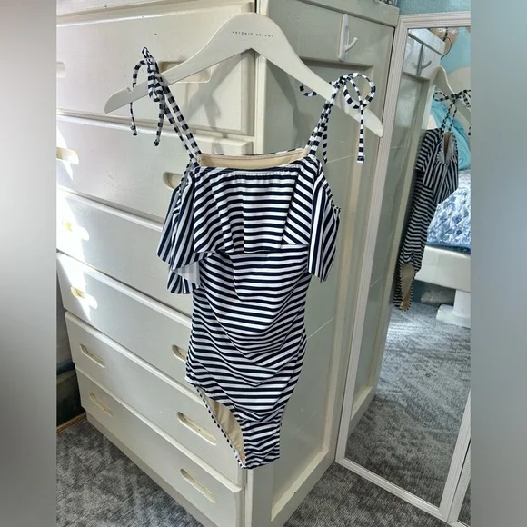 Albion The Wave Pana Stripe Ruffle Bow Tie Shoulder One Piece Swimsuit☀️ - Picture 3 of 12